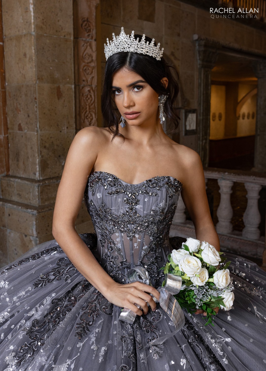 3.	Rachel Allan Style RQ1172 ball gown with ornate applique, beaded fringe, and detachable sleeves in deep red glitter tulle